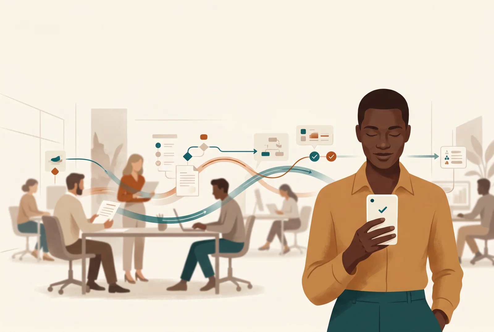 The customer sees a single, calm status. The operation that produced it works out of sight behind them.