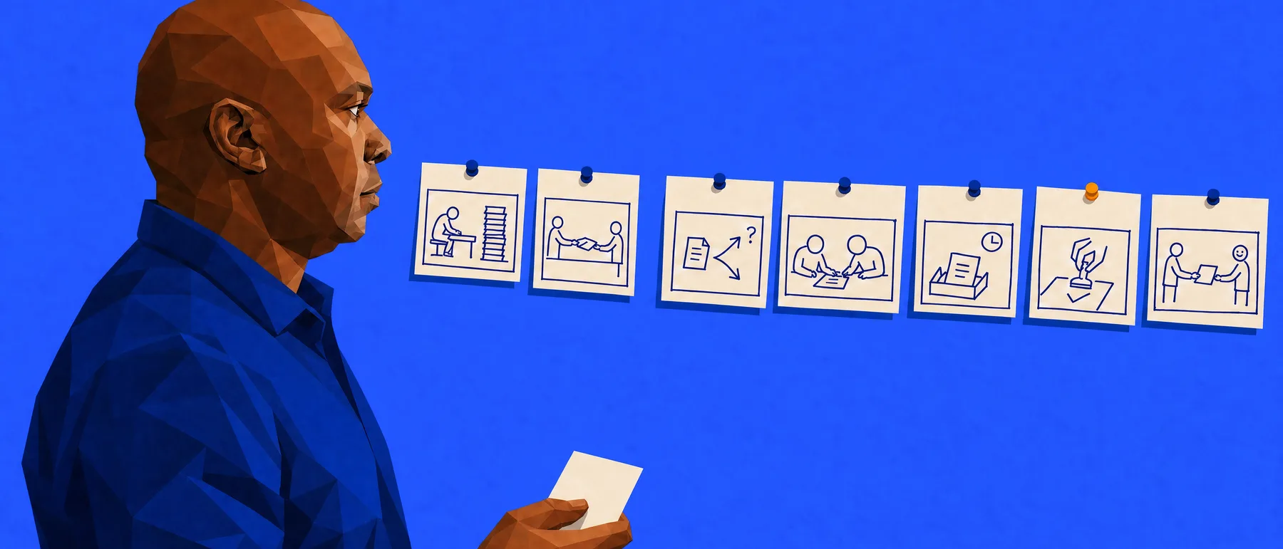 An illustration of a storyboard wall — rows of pinned sketch cards showing a request arriving, being handed on, a decision splitting two ways, a review, a wait, an approval and the result delivered — with one gap left in the middle row and an empty pin waiting in it