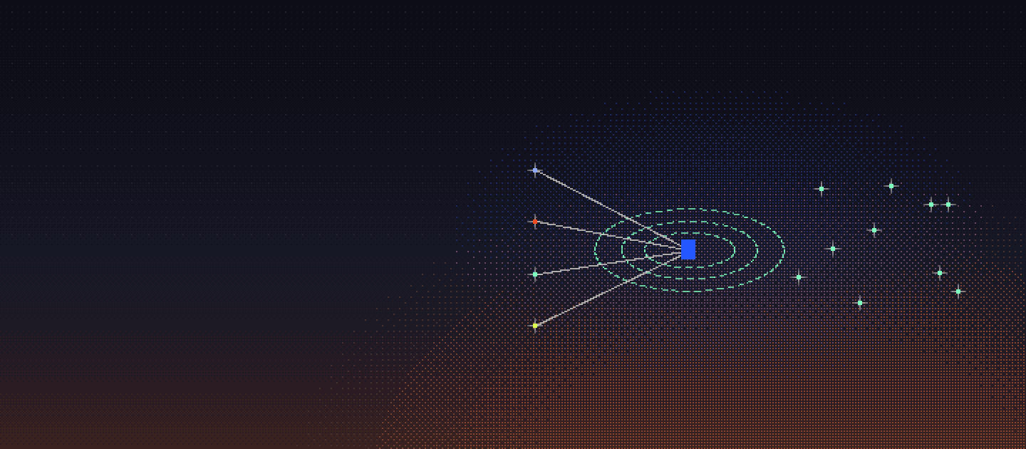 BFL field note artwork showing four inputs converging on a cobalt block inside rings of consequence.